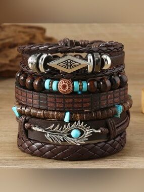 Western Boho Layered Brown PU Leather & Turquoise Bead Bracelet Set